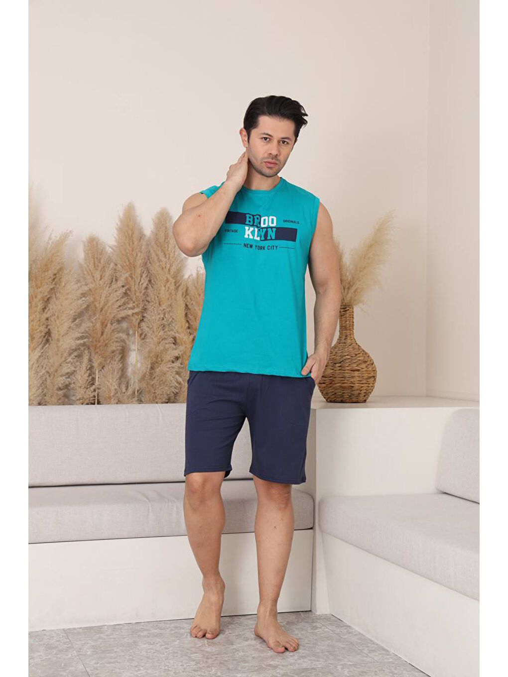 Turkuaz %100 Pamuklu Kolsuz Cepli Erkek Şortlu Pijama Takımı 2011
