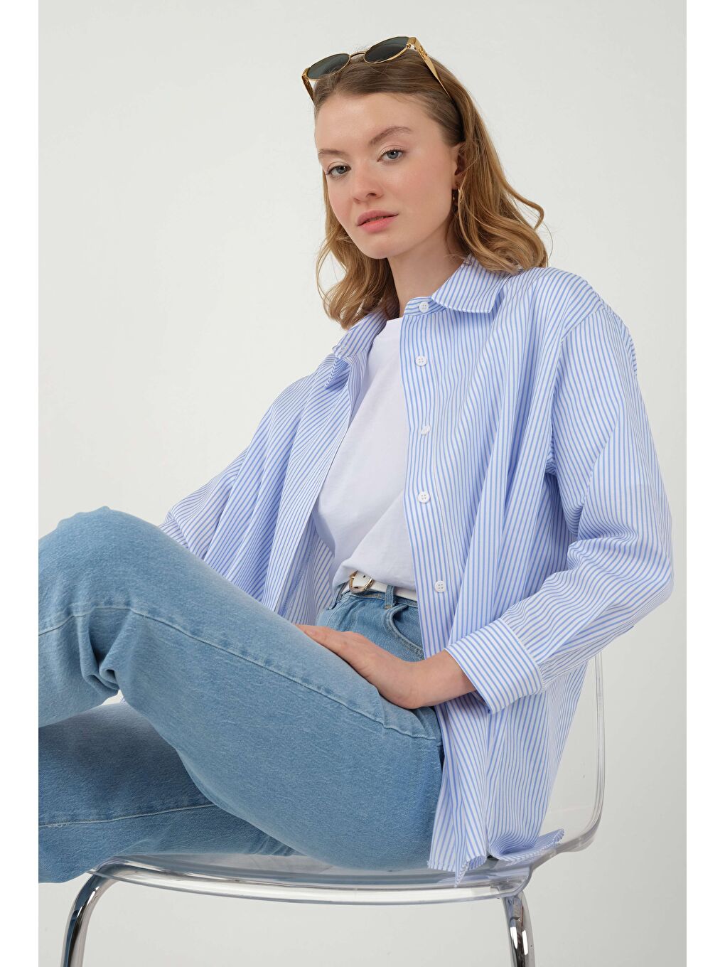 Çizgili Basic Gömlek Mavi-4
