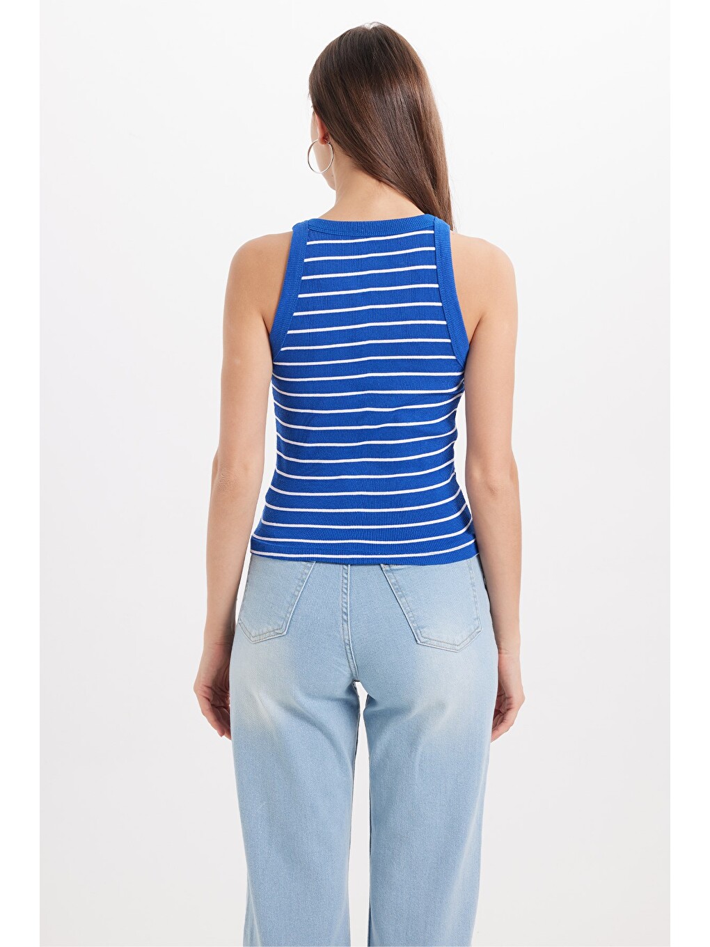 Kadın Slim Fit Dar Kesim Pamuklu Askılı Bisiklet Yaka Çizgili Saks Mavi Crop Atlet-6