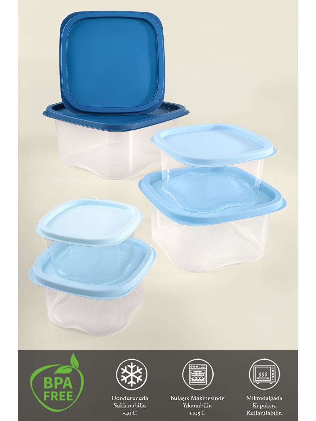 6'lı Kare Erzak Gıda Saklama Kabı Seti Mikrodalga ve Derin Dondurucuya Uygun Saklama Kabı Mavi-2