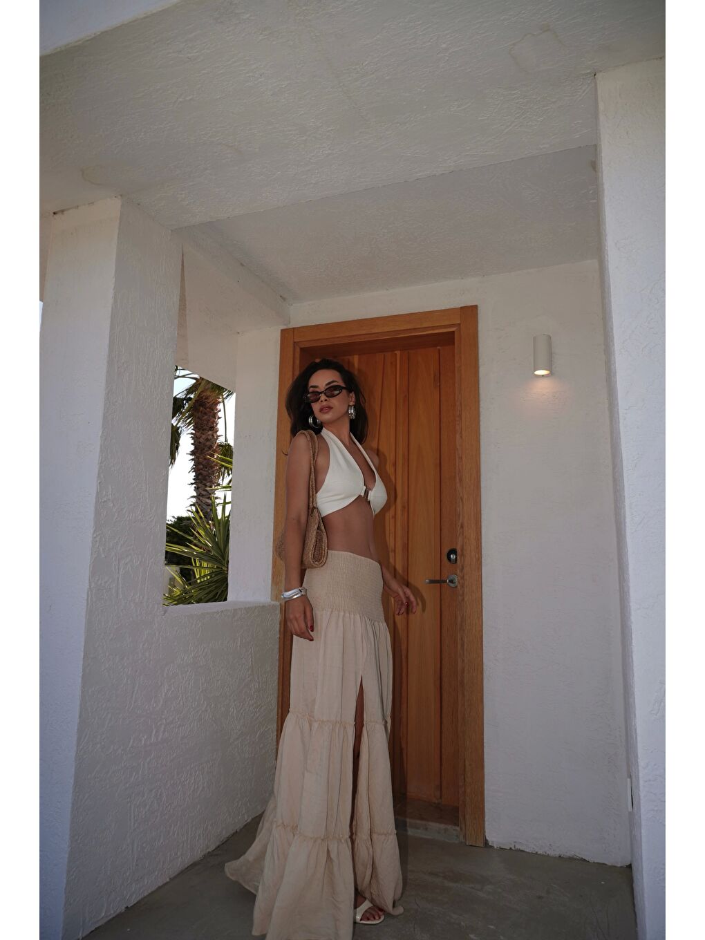 Kadın Bej Gipeli Yırtmaçlı Etek 1006-2587-3