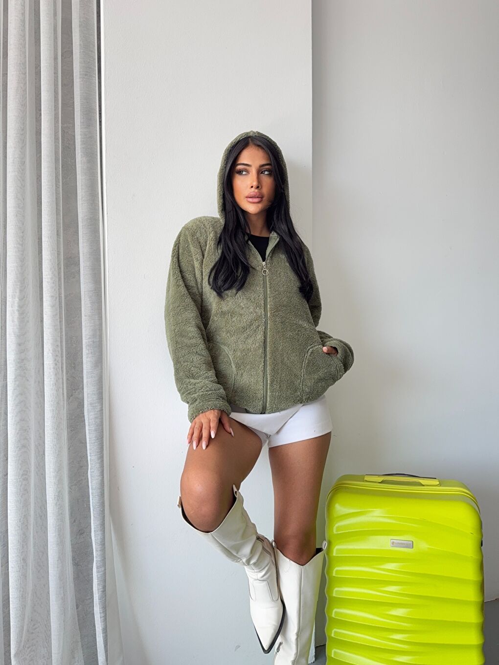 Fermuarlı Kapüşonlu Haki Polar Sweatshirt-2