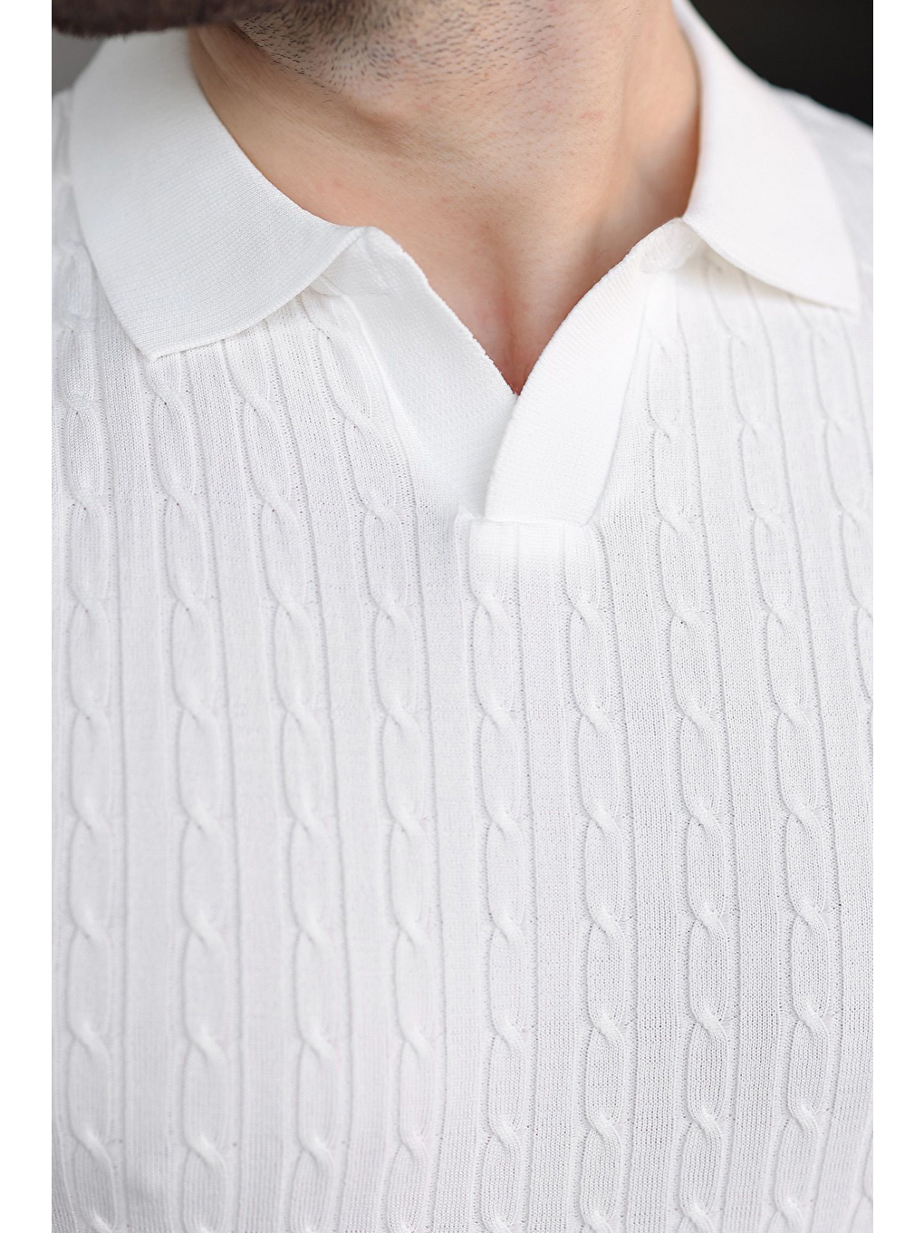 Beyaz Slim Fit Polo Yaka Triko Erkek Tişört E7472-2