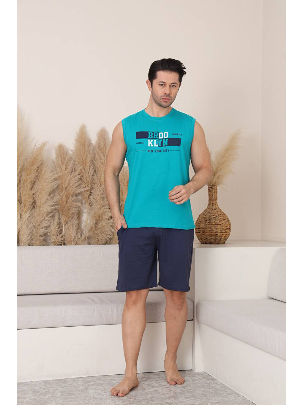 Turkuaz %100 Pamuklu Kolsuz Cepli Erkek Şortlu Pijama Takımı 2011-1