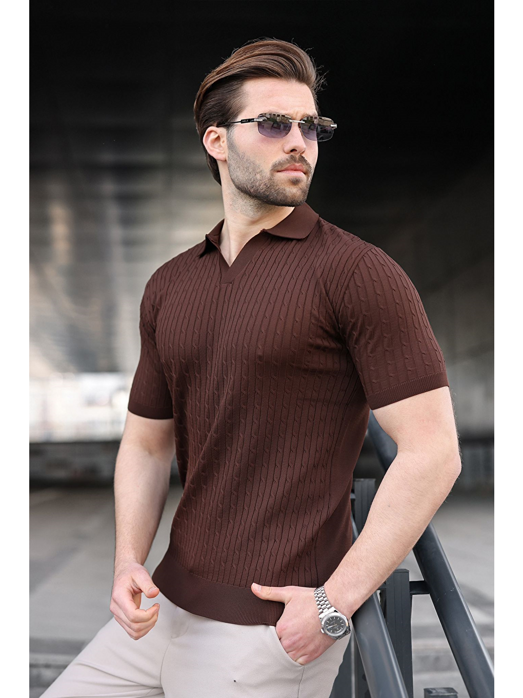 Kahverengi Slim Fit Polo Yaka Triko Erkek Tişört E7472