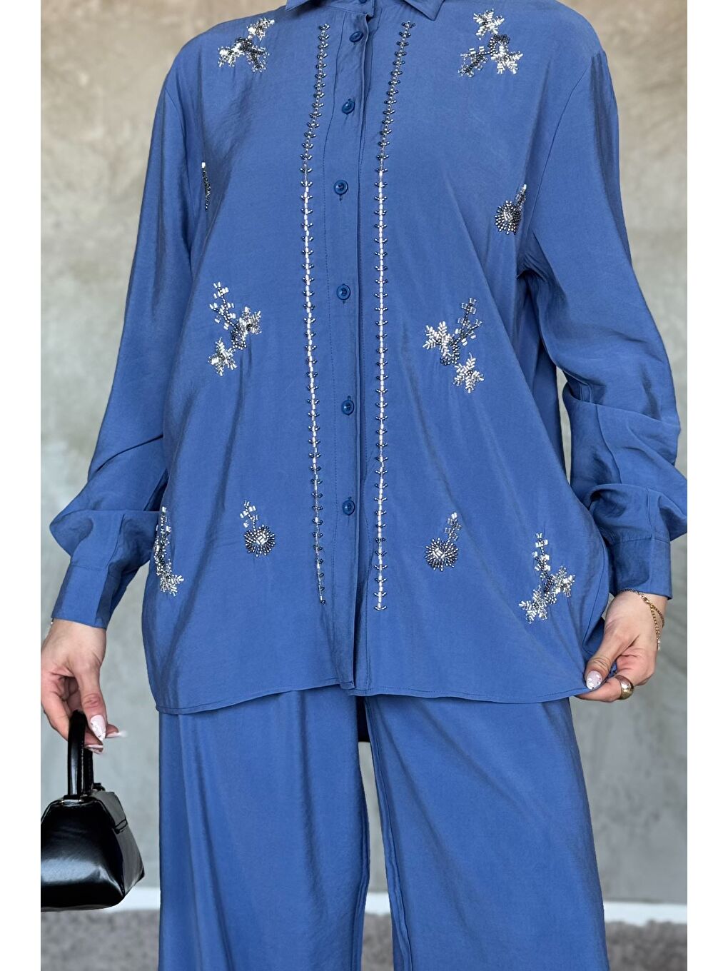 İndigo Kadın Boncuk İşlemeli Tesettür Gömlek Pantolon İkili Takım-4
