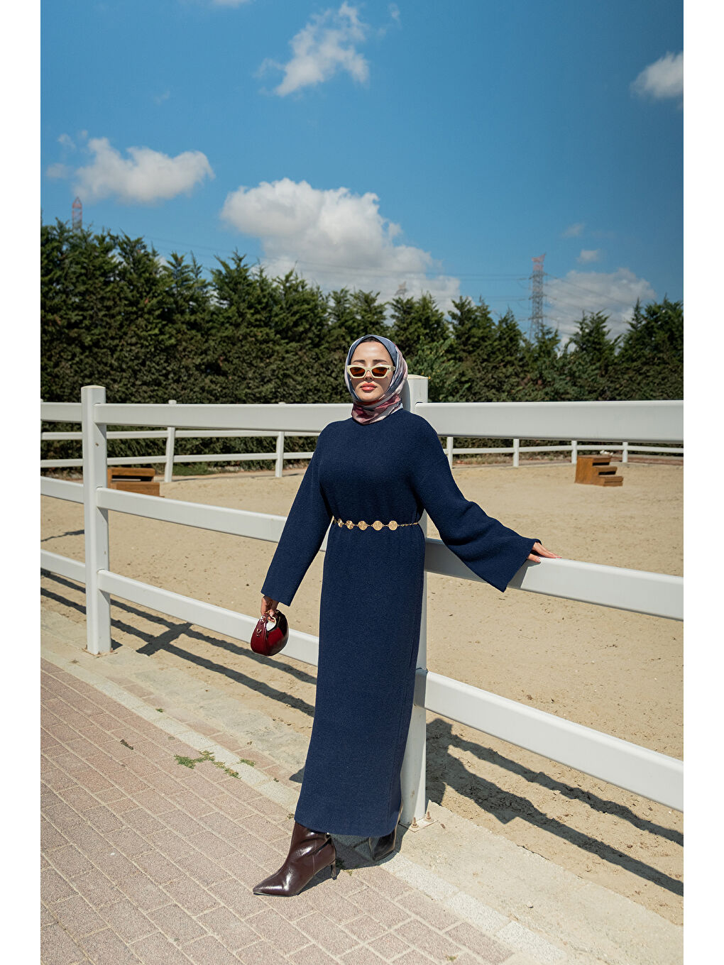 Kadın Kemerli Triko Elbise Lacivert-2