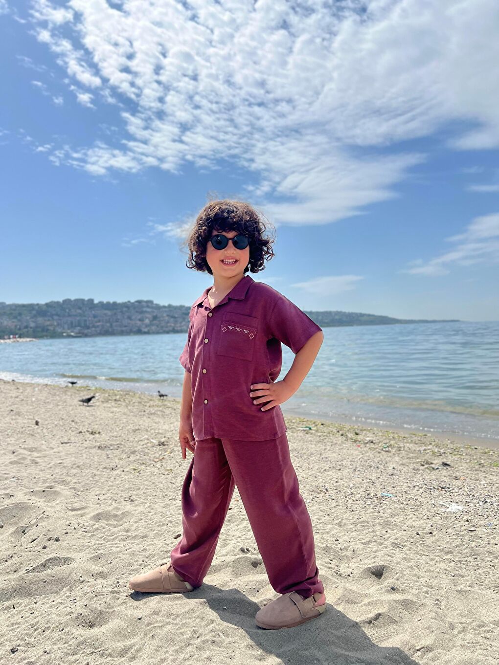 Cebi Nakışlı Gömlek Pantolon Keten Takım 2-7 Yaş Mürdüm