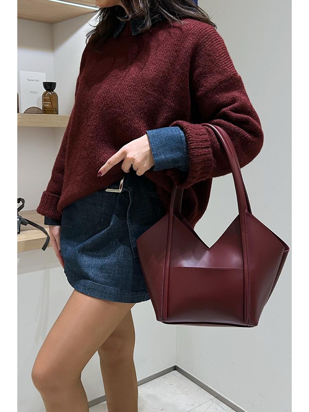 Geza Asimetrik Omuz Çantası Bordo-5