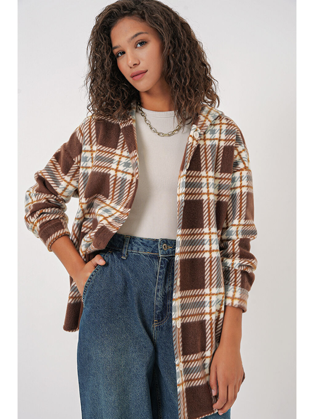 0710 Kapüşonlu Oversize Gömlek   C  Kahverengi