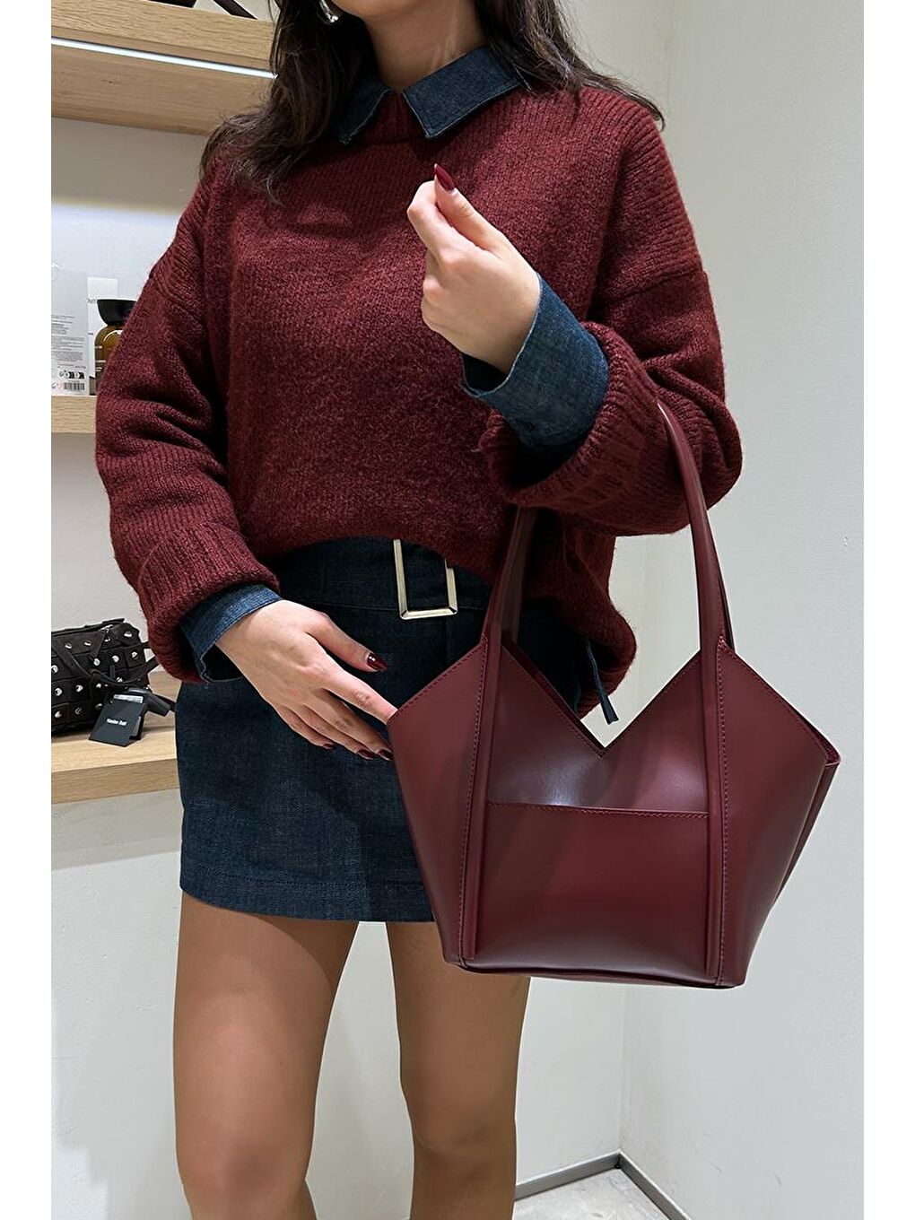 Geza Asimetrik Omuz Çantası Bordo-6