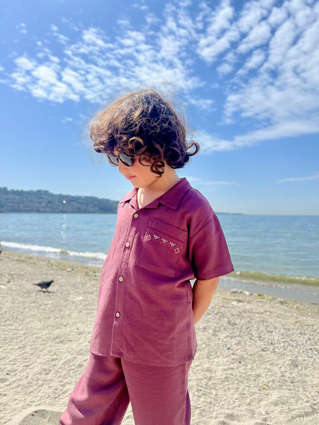 Cebi Nakışlı Gömlek Pantolon Keten Takım 2-7 Yaş Mürdüm-1