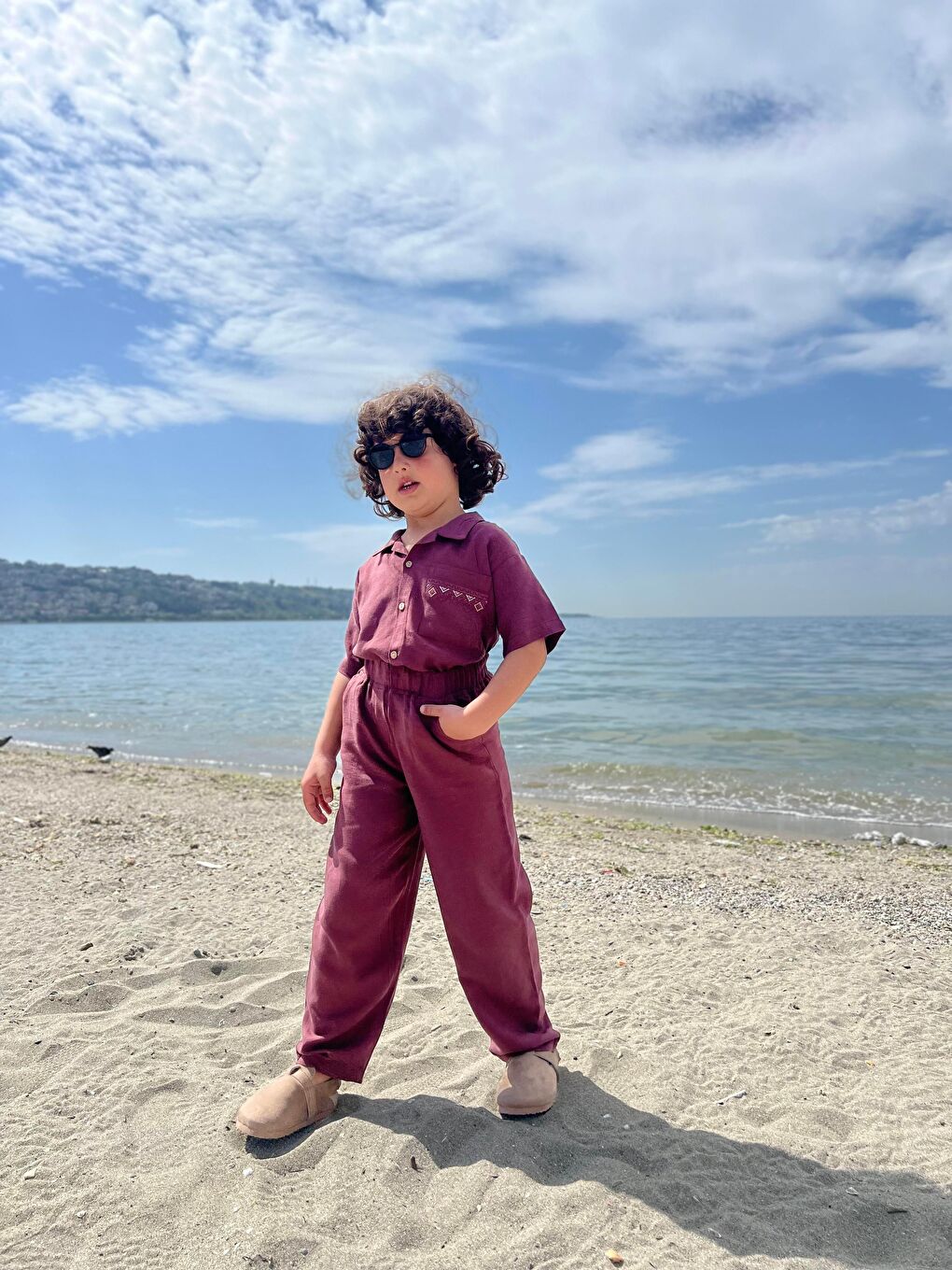 Cebi Nakışlı Gömlek Pantolon Keten Takım 2-7 Yaş Mürdüm-2