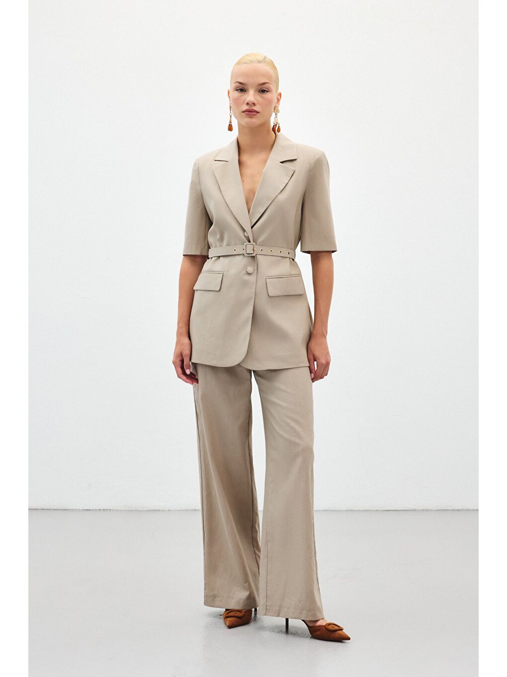 Bej Bol Paça Keten Pantolon - Vizon