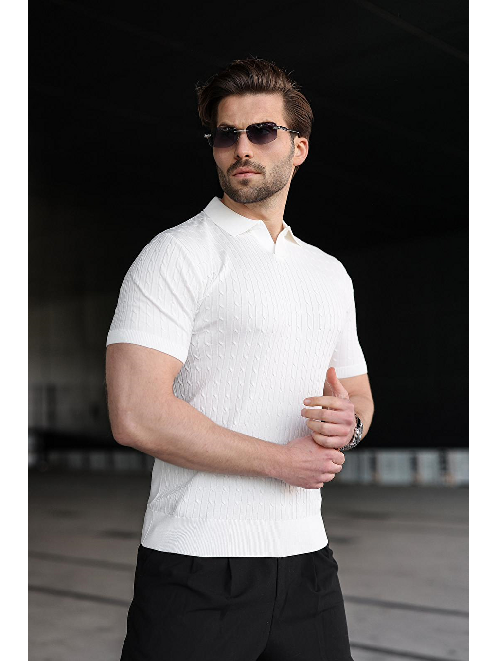Beyaz Slim Fit Polo Yaka Triko Erkek Tişört E7472-4