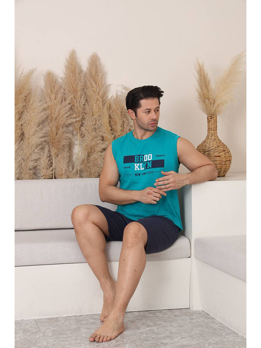 Turkuaz %100 Pamuklu Kolsuz Cepli Erkek Şortlu Pijama Takımı 2011-3