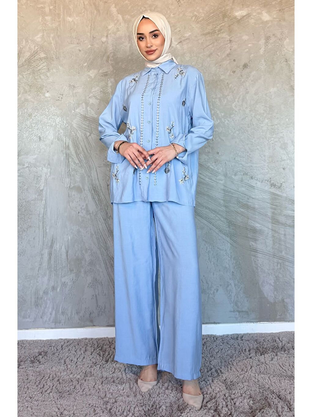 Mavi Kadın Boncuk İşlemeli Tesettür Gömlek Pantolon İkili Takım-1