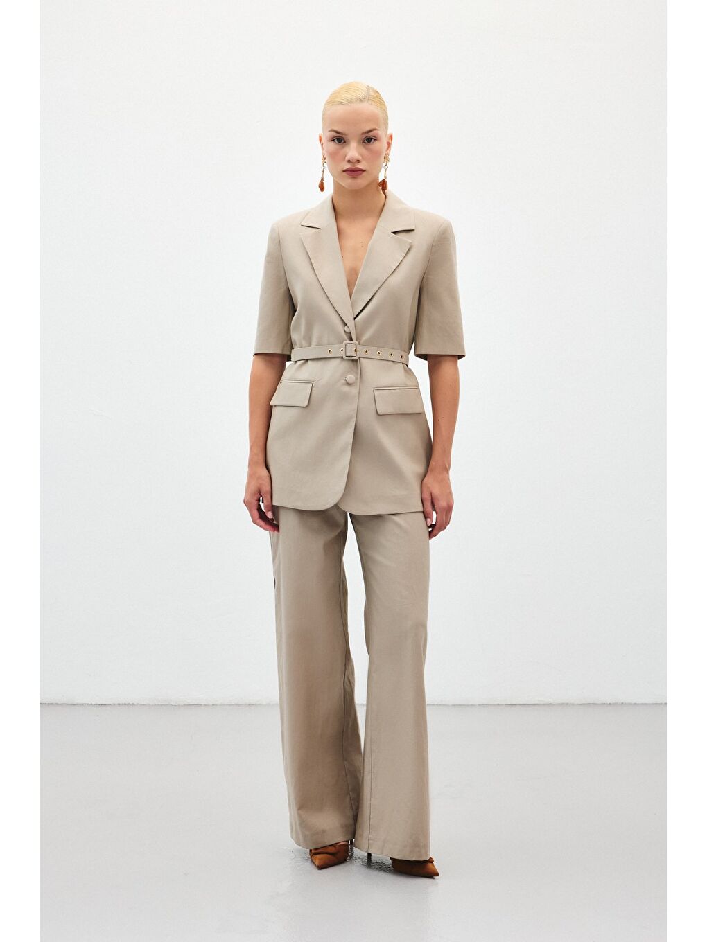 Bej Bol Paça Keten Pantolon - Vizon-1