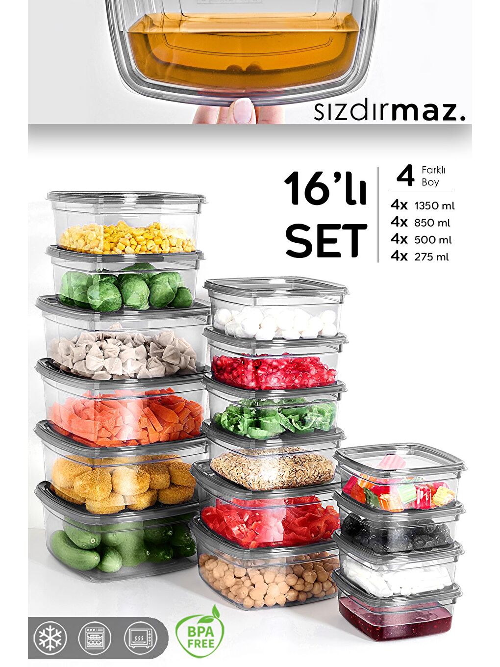 16'lı Kare Sızdırmaz Saklama Kabı Seti Düzenleyici Erzak Kabı 4x 275 500 850 1350 ml Antrasit