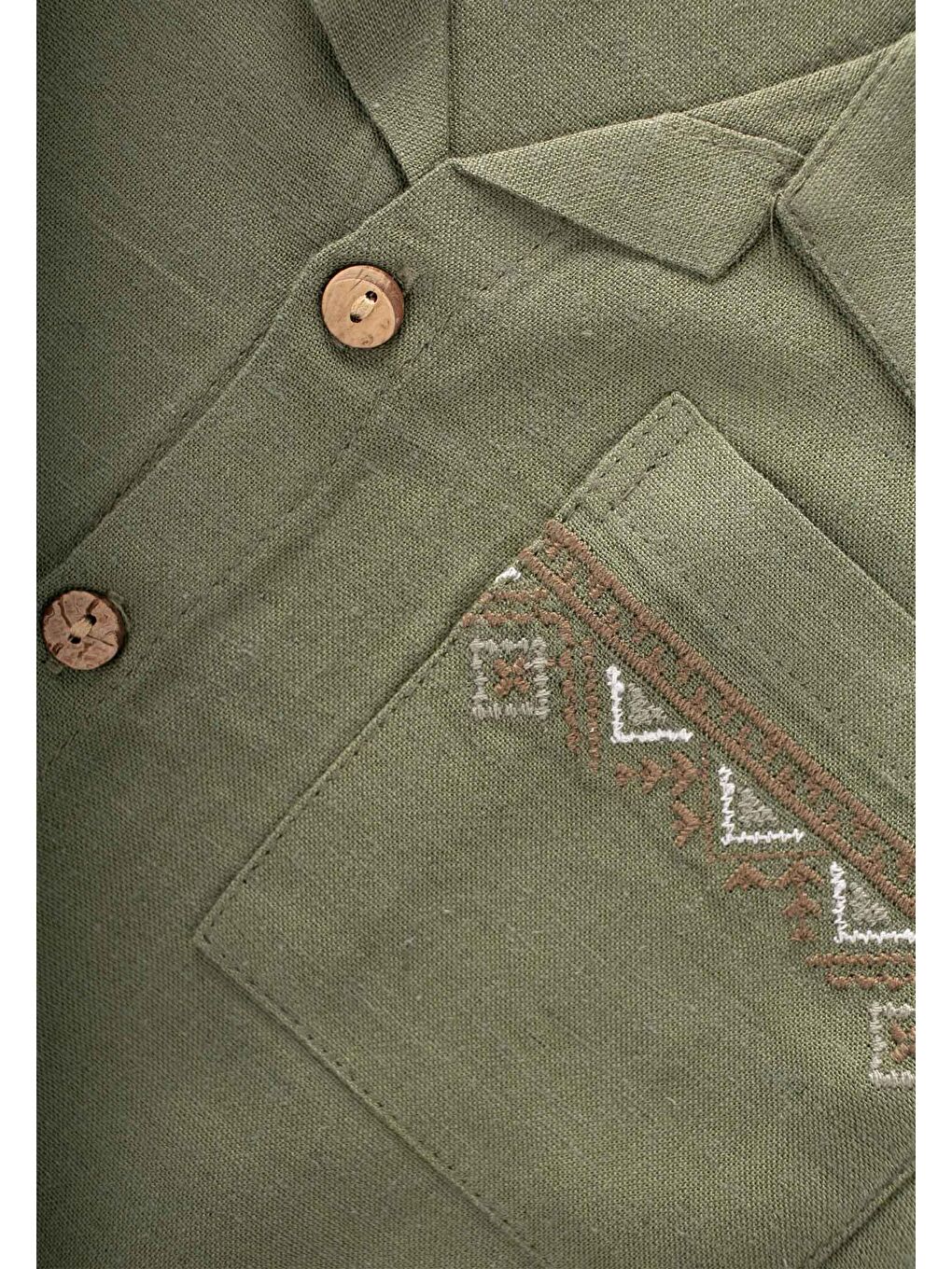 Cebi Nakışlı Gömlek Pantolon Keten Takım 2-7 Yaş Haki Yeşil-2