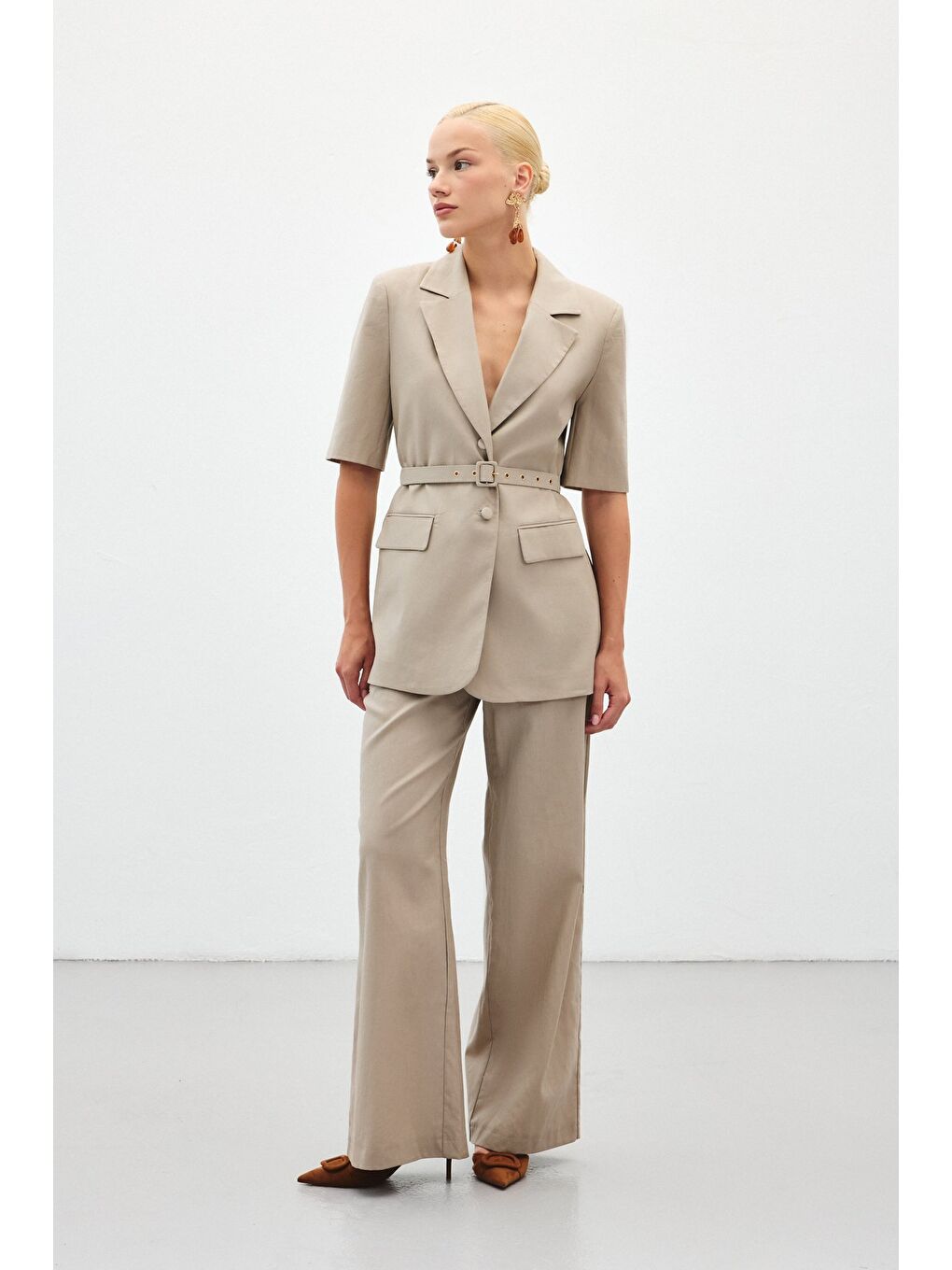 Bej Bol Paça Keten Pantolon - Vizon-2