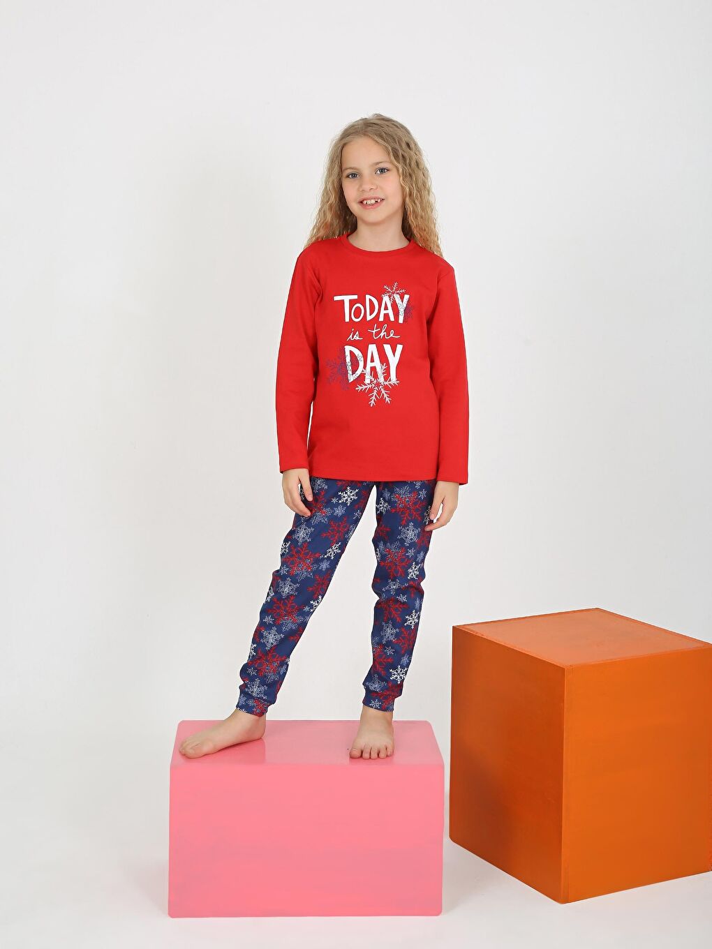Kırmızı Kız Çocuk Uzun Kollu %100 Pamuklu Pijama Takımı Today-3
