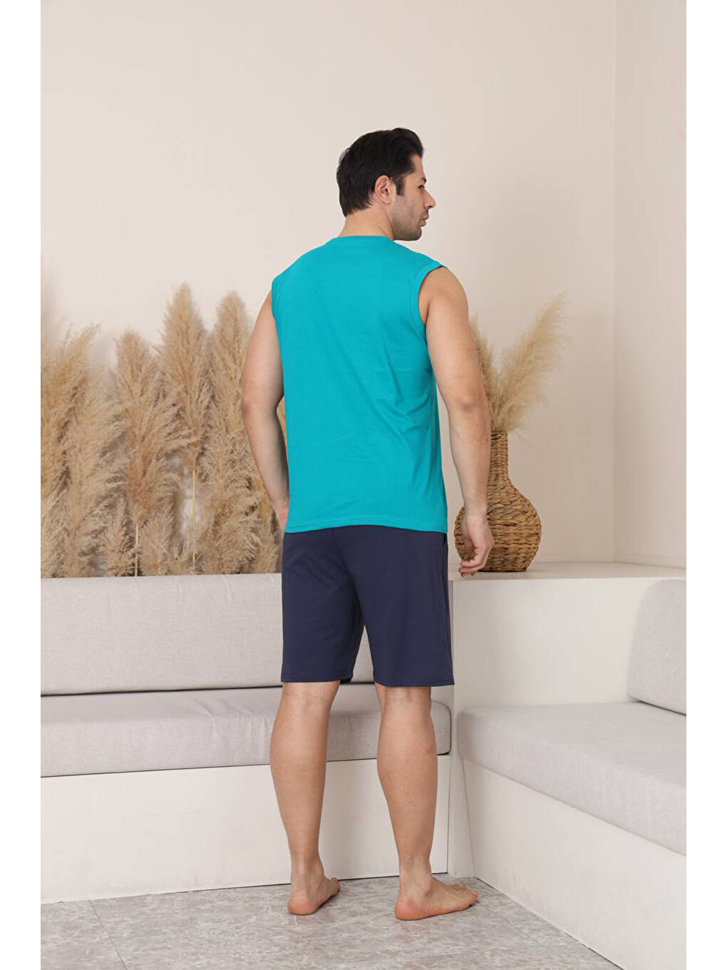 Turkuaz %100 Pamuklu Kolsuz Cepli Erkek Şortlu Pijama Takımı 2011-4