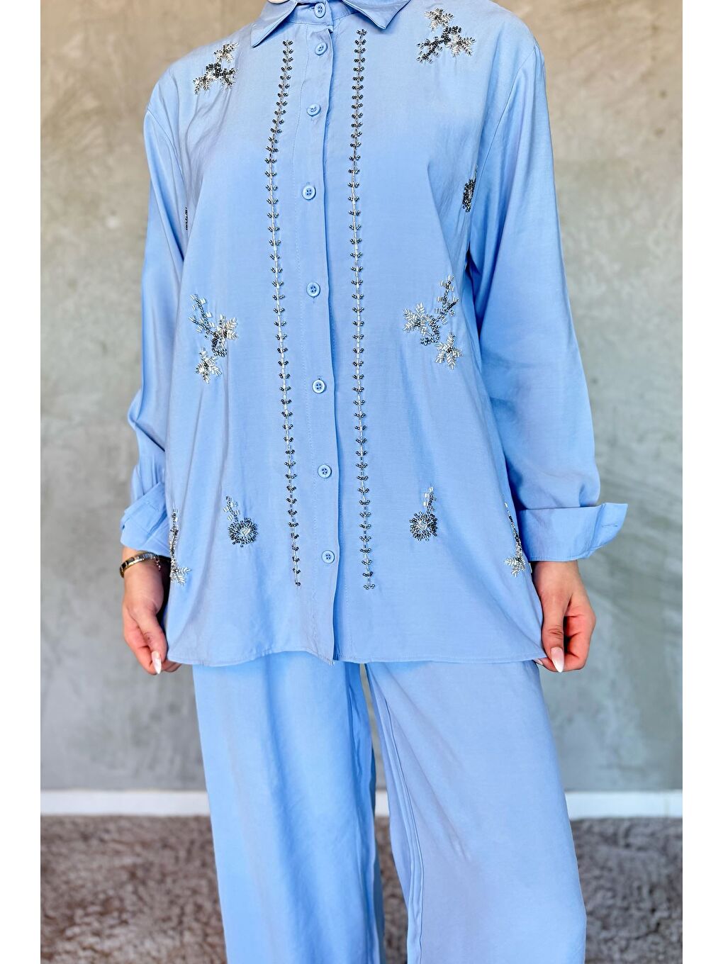 Mavi Kadın Boncuk İşlemeli Tesettür Gömlek Pantolon İkili Takım-2