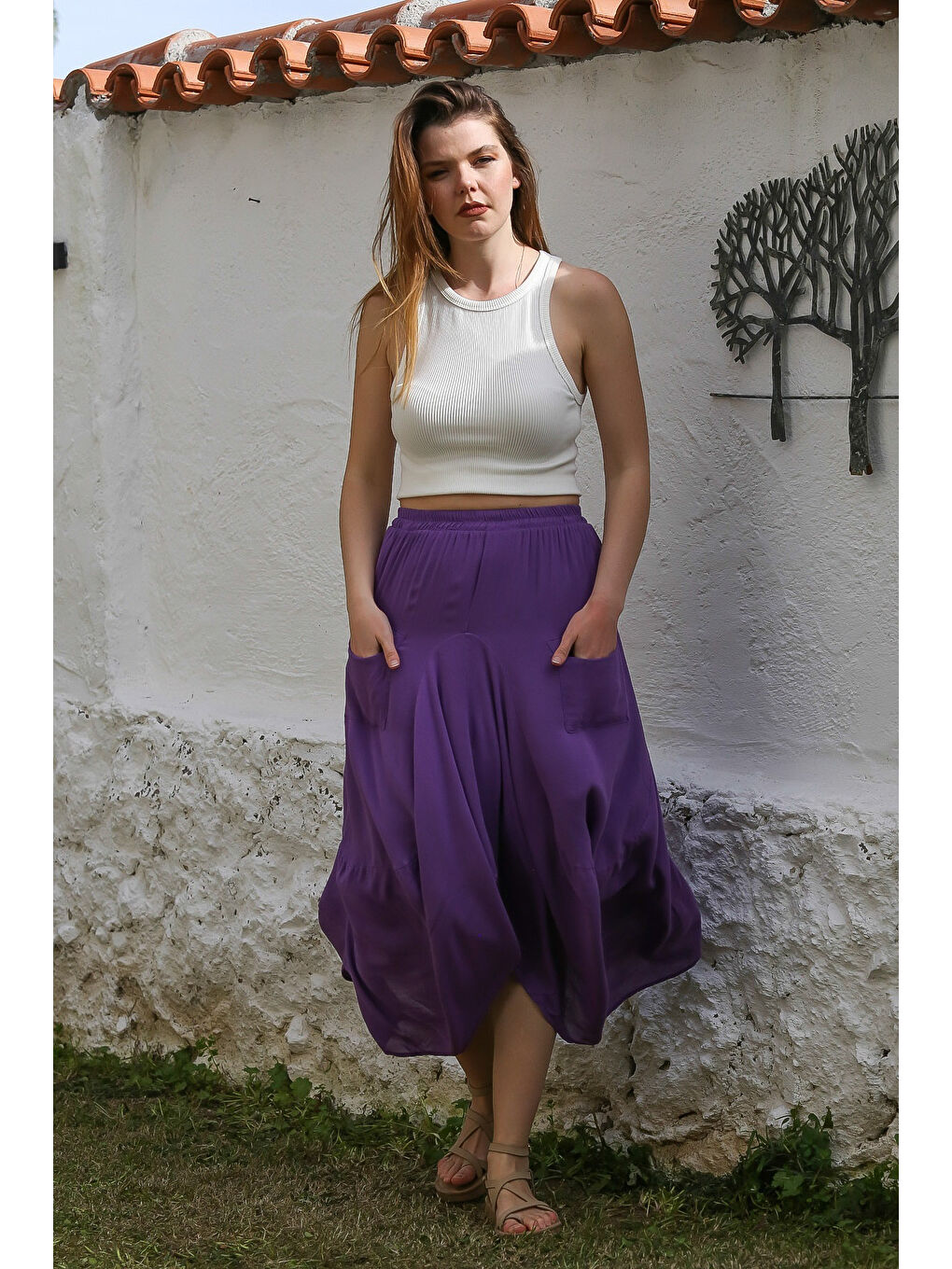 Chiccy Mor Cepli İnce Astarlı Çift Katlı Lastikli Bel Casual Dokuma Etek 90 60