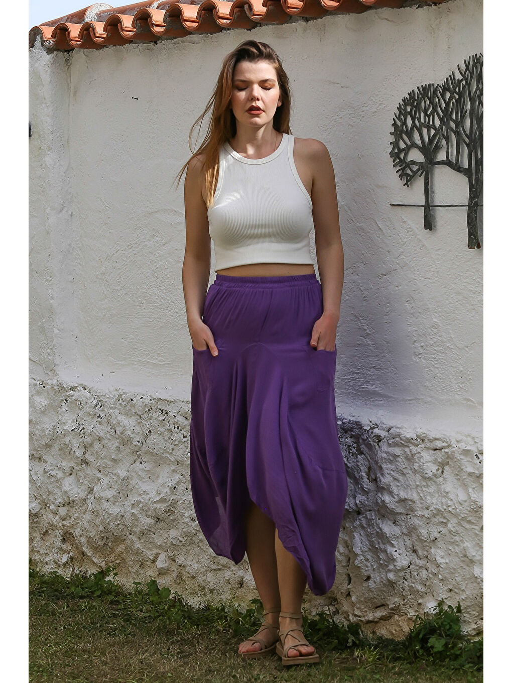 Chiccy Mor Cepli İnce Astarlı Çift Katlı Lastikli Bel Casual Dokuma Etek 90 60 - 1