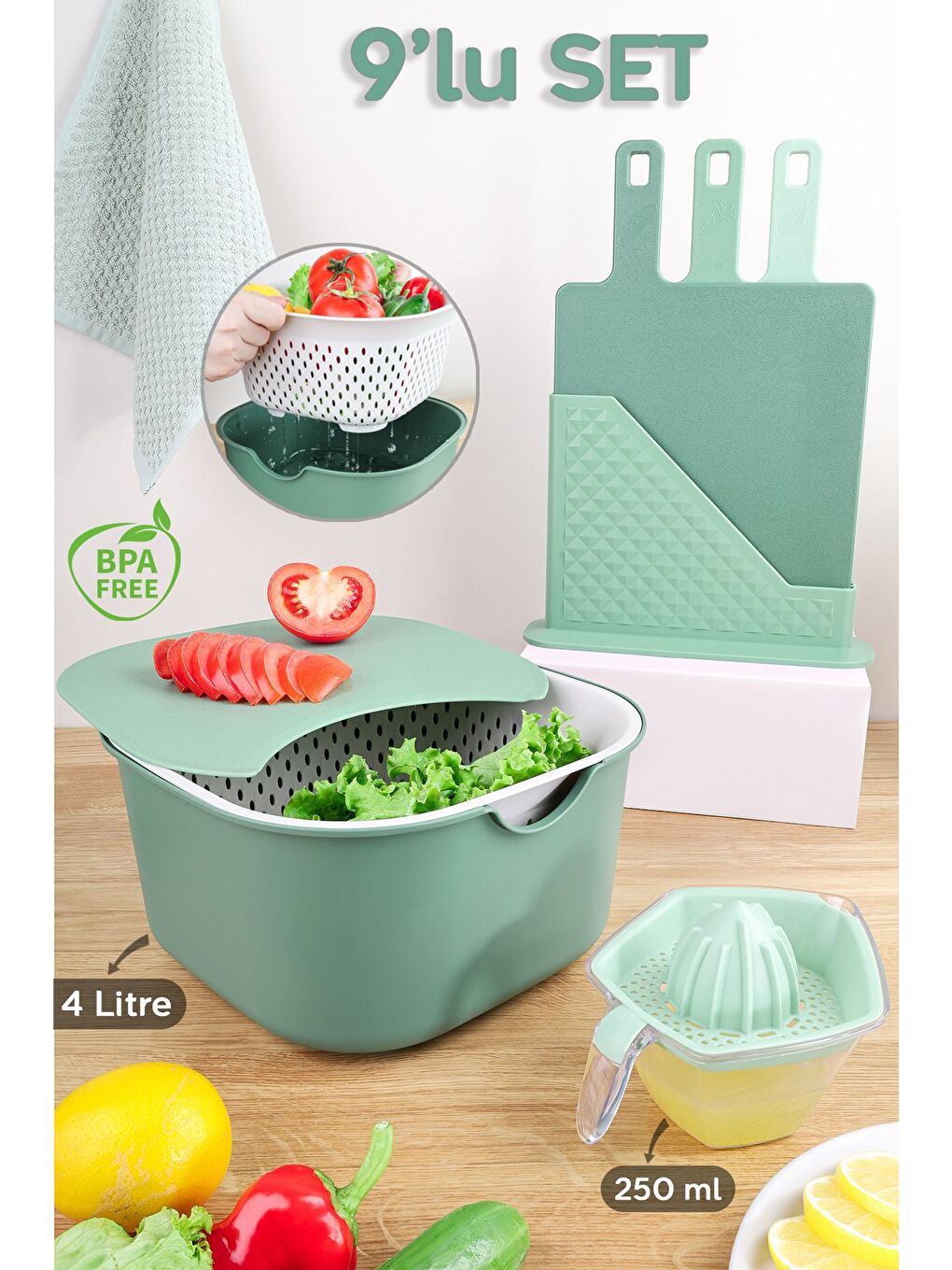 9 Parça Mutfak Seti Çok Amaçlı Karıştırma Kabı Süzgeç Sıkacak Standlı Kesme Tahtası Seti Yeşil