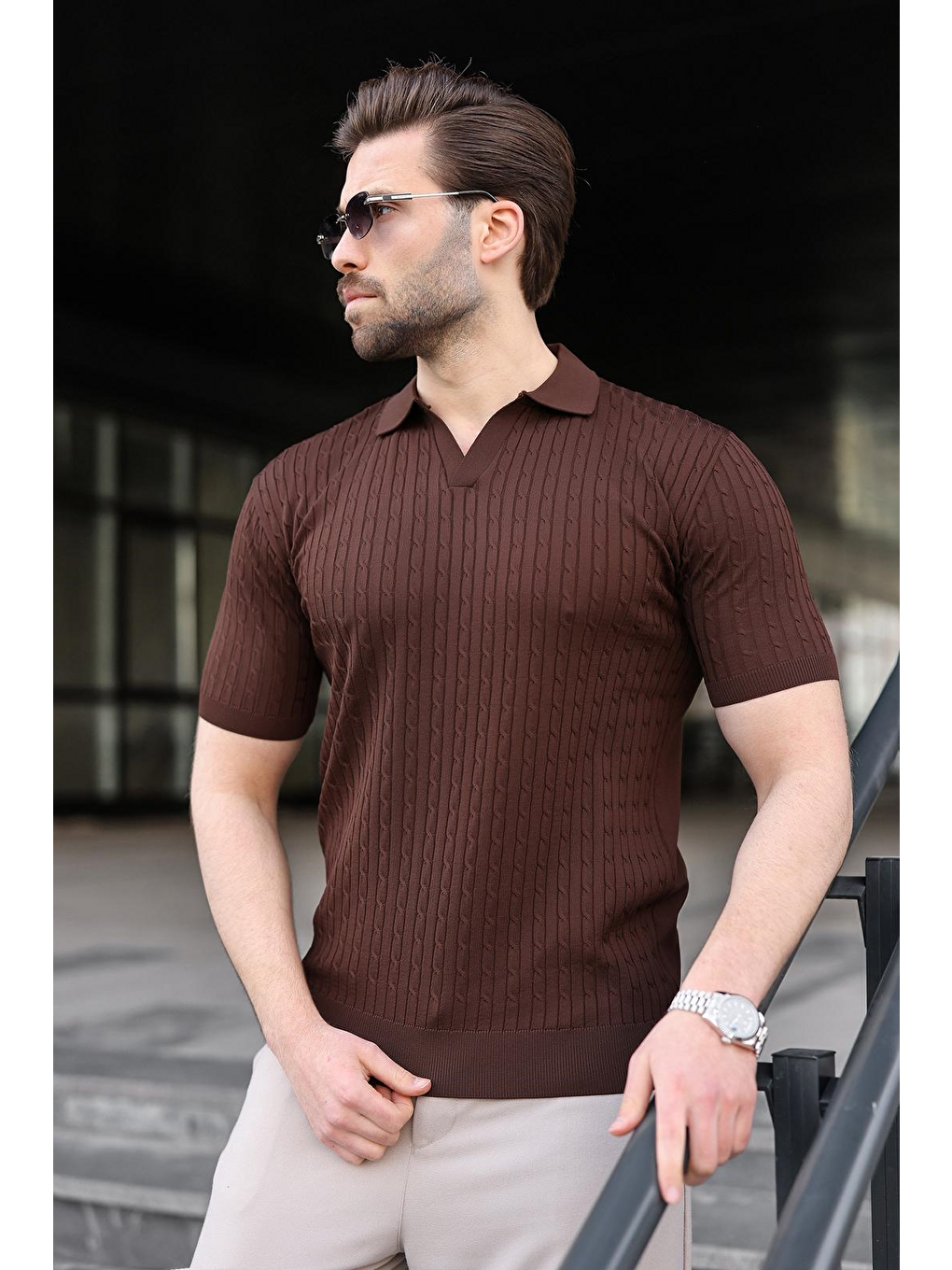 Kahverengi Slim Fit Polo Yaka Triko Erkek Tişört E7472-1