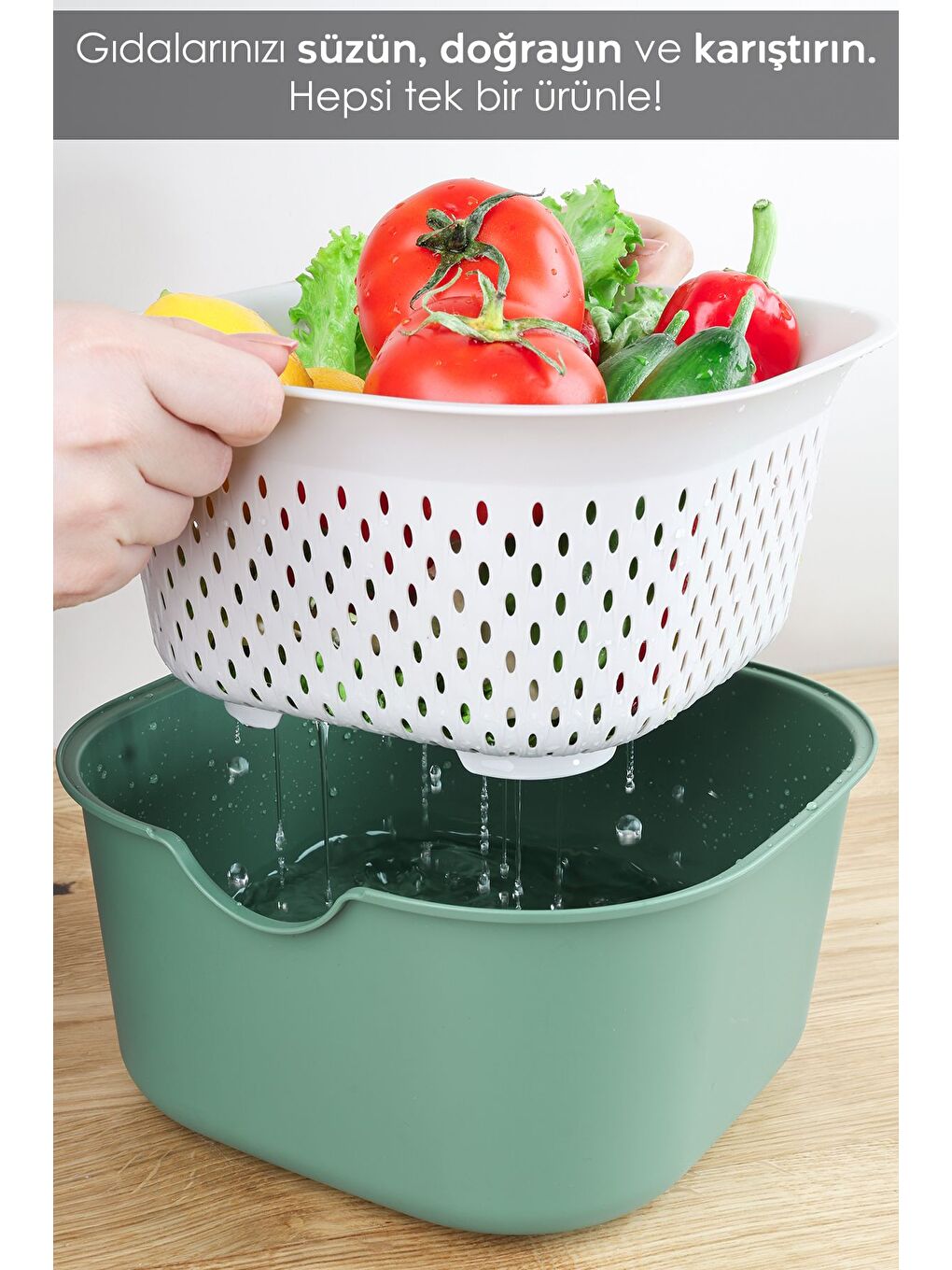 9 Parça Mutfak Seti Çok Amaçlı Karıştırma Kabı Süzgeç Sıkacak Standlı Kesme Tahtası Seti Yeşil-1