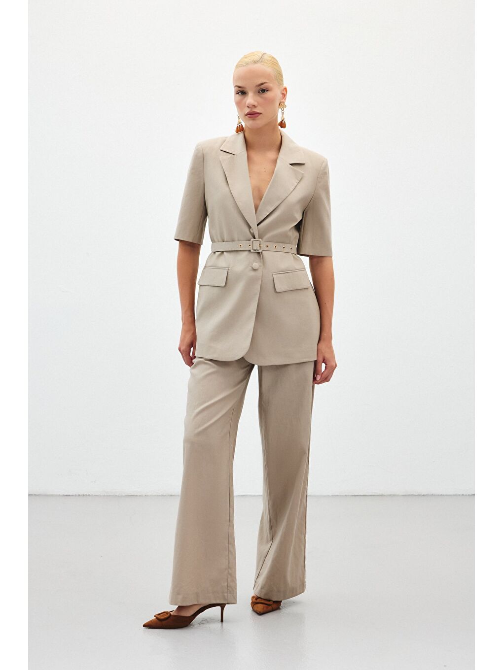 Bej Bol Paça Keten Pantolon - Vizon-3