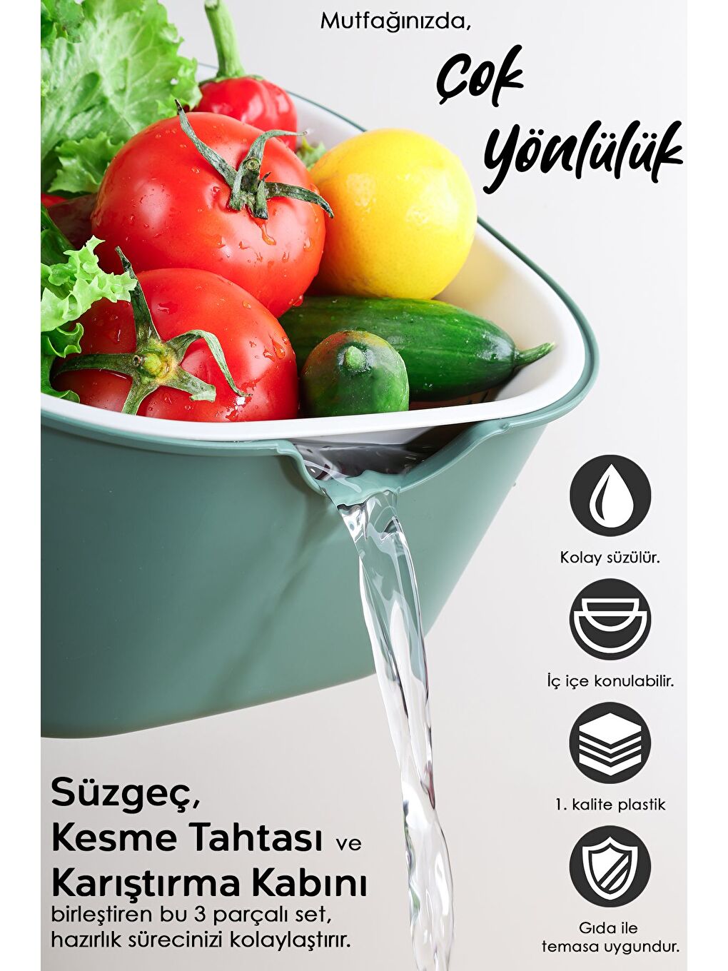 9 Parça Mutfak Seti Çok Amaçlı Karıştırma Kabı Süzgeç Sıkacak Standlı Kesme Tahtası Seti Yeşil-3