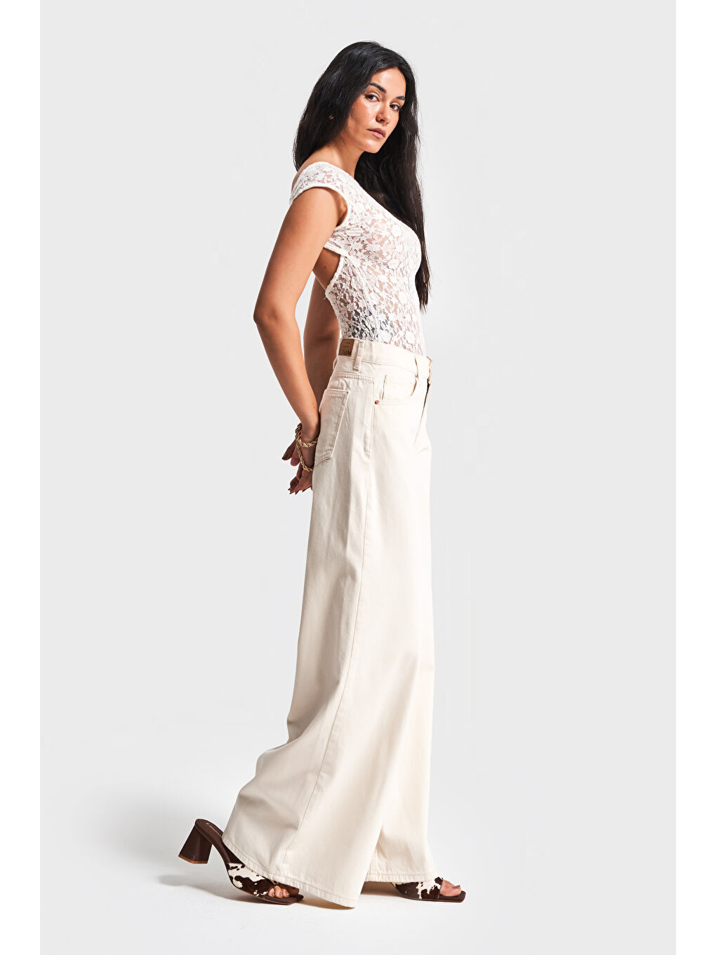 Bej Kadın Raw Jean Rengi Hera S4 Palazzo Fit %100 Pamuk Orta Bel Denim Jean-3