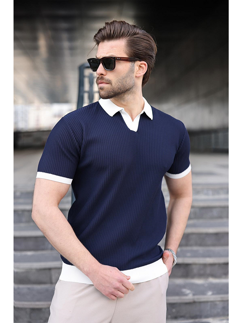 Lacivert Polo Yaka Triko Erkek Tişört E7464-4