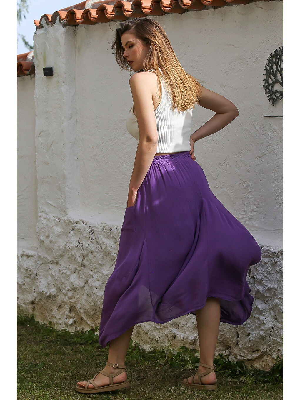 Chiccy Mor Cepli İnce Astarlı Çift Katlı Lastikli Bel Casual Dokuma Etek 90 60 - 7
