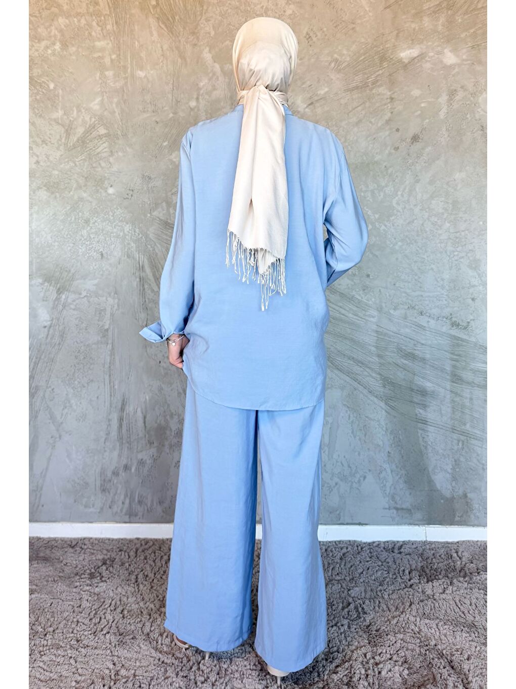 Mavi Kadın Boncuk İşlemeli Tesettür Gömlek Pantolon İkili Takım-3