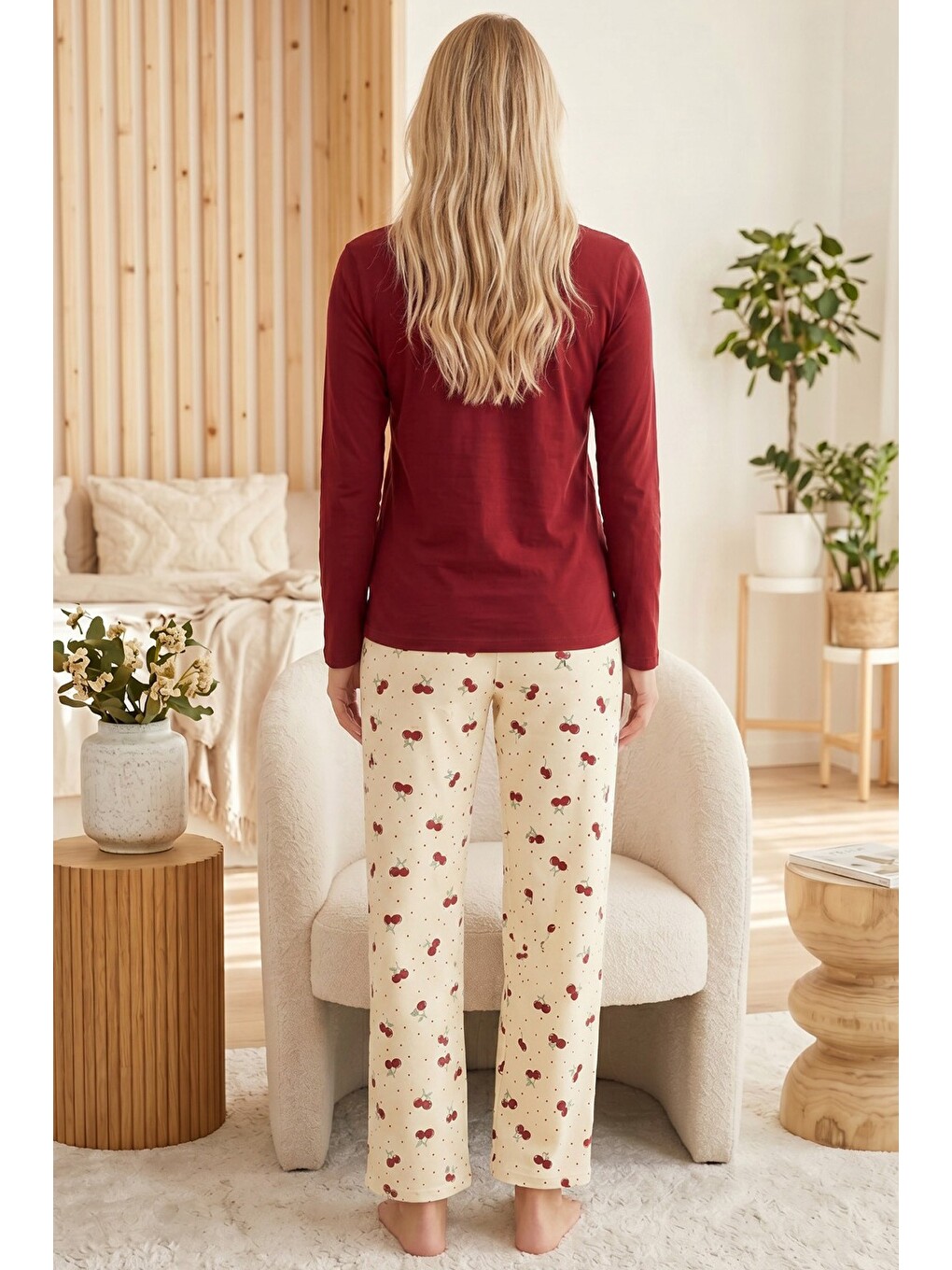 Bordo Nakışlı Pamuklu Elastanlı Bisiklet Yaka Örme Pijama Takım26240287-2