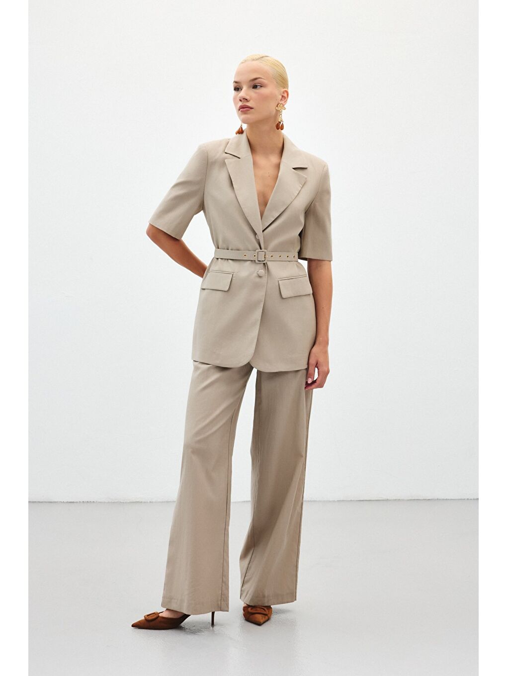 Bej Bol Paça Keten Pantolon - Vizon-4