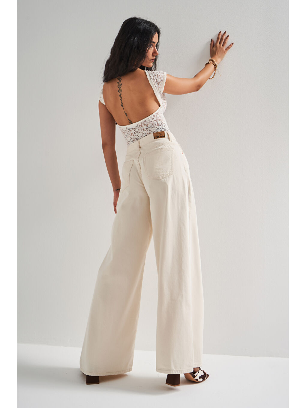 Bej Kadın Raw Jean Rengi Hera S4 Palazzo Fit %100 Pamuk Orta Bel Denim Jean-5