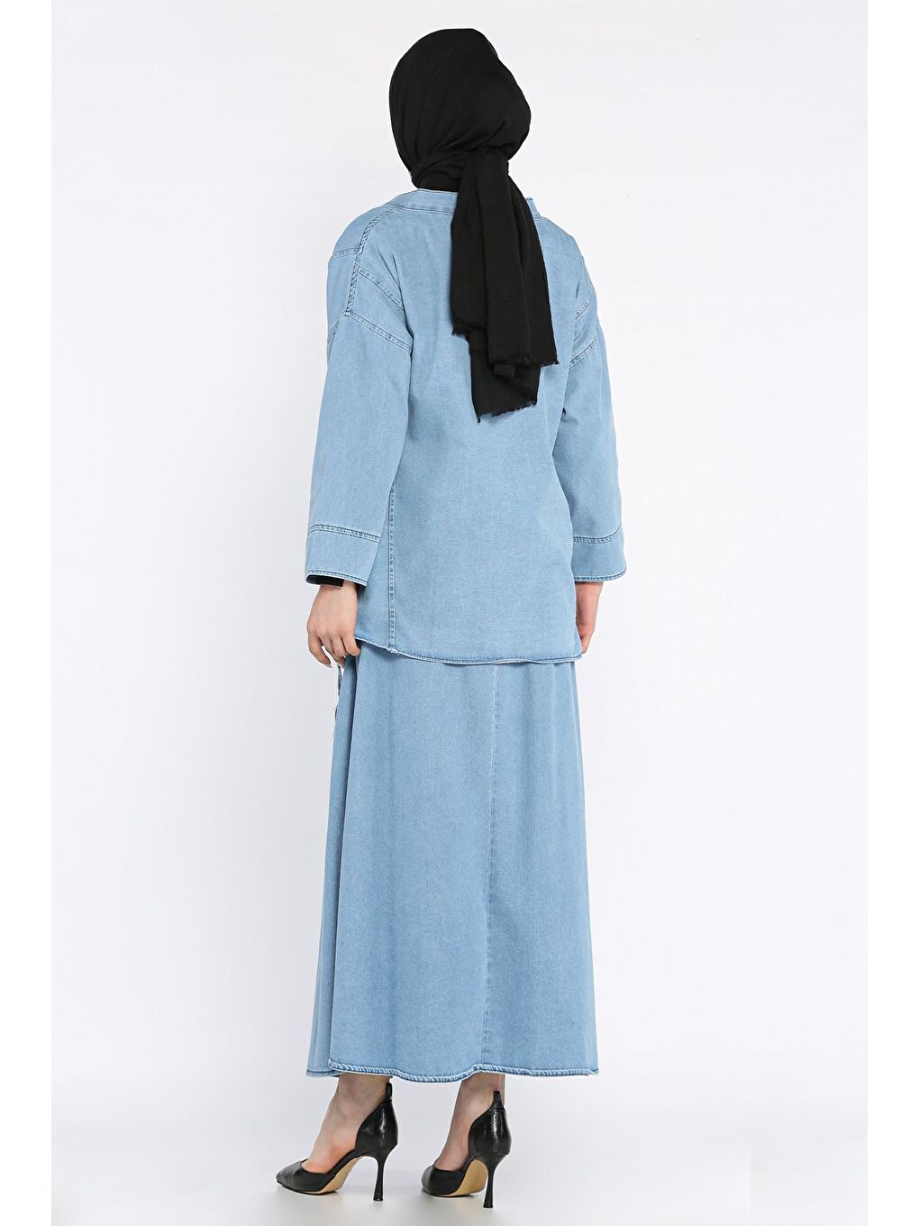 Mavi Yan Bağlamalı Jean Jean Ceket Etek Tesettür İkili Takım-4