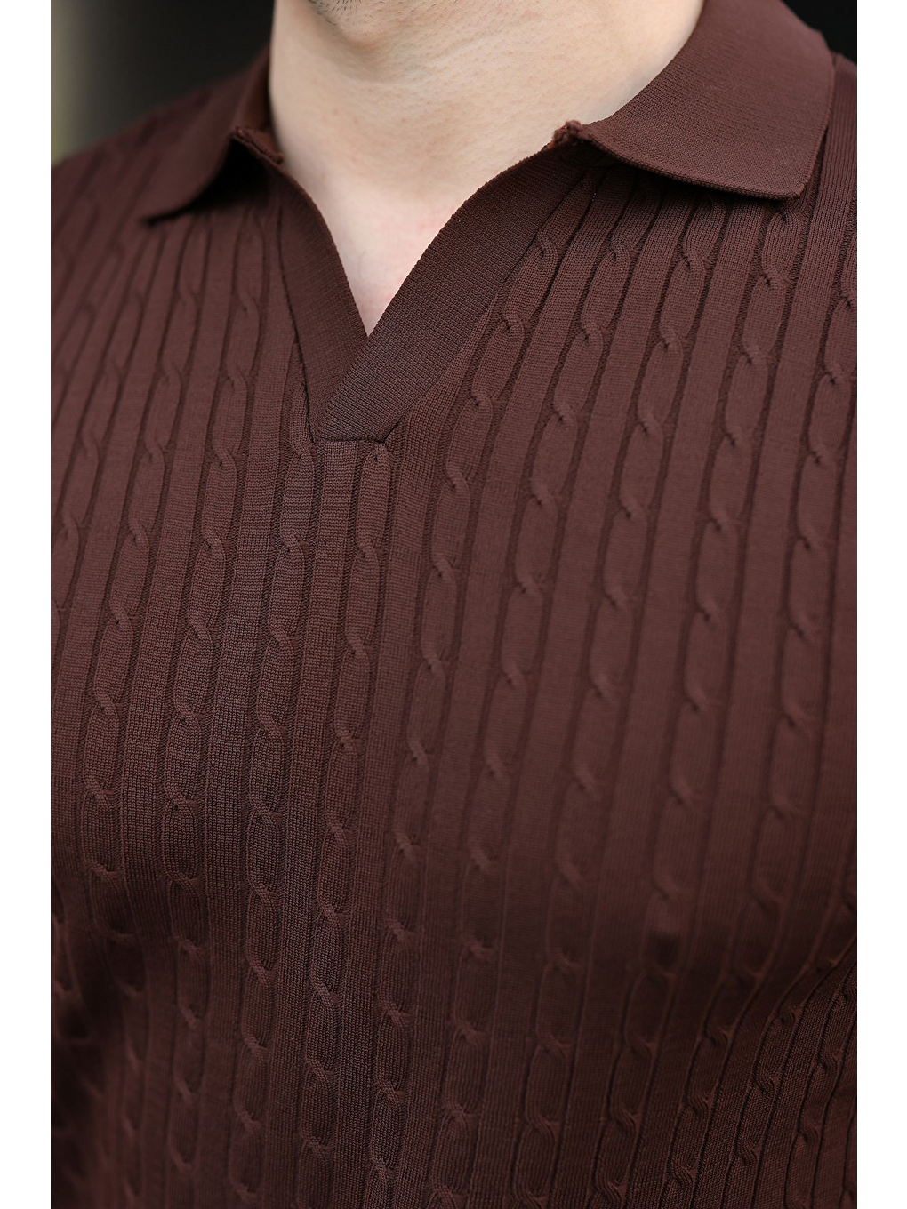 Kahverengi Slim Fit Polo Yaka Triko Erkek Tişört E7472-2