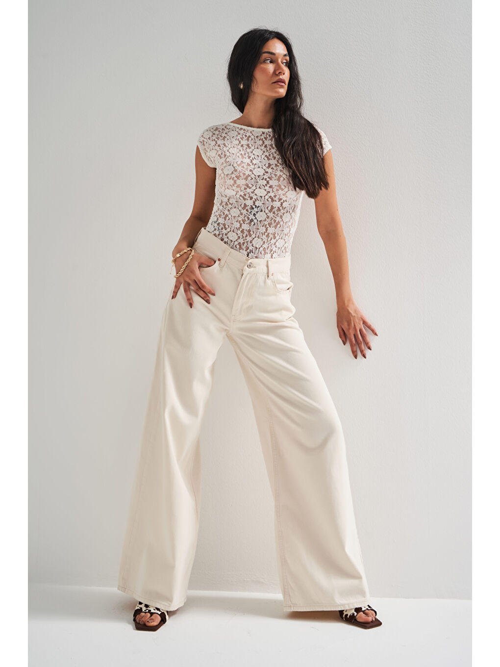 Bej Kadın Raw Jean Rengi Hera S4 Palazzo Fit %100 Pamuk Orta Bel Denim Jean-6