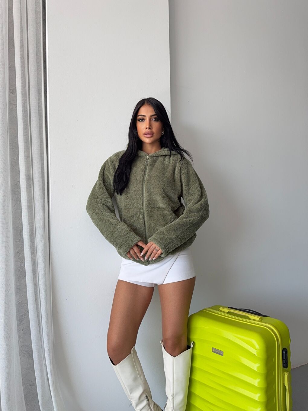 Fermuarlı Kapüşonlu Haki Polar Sweatshirt-3