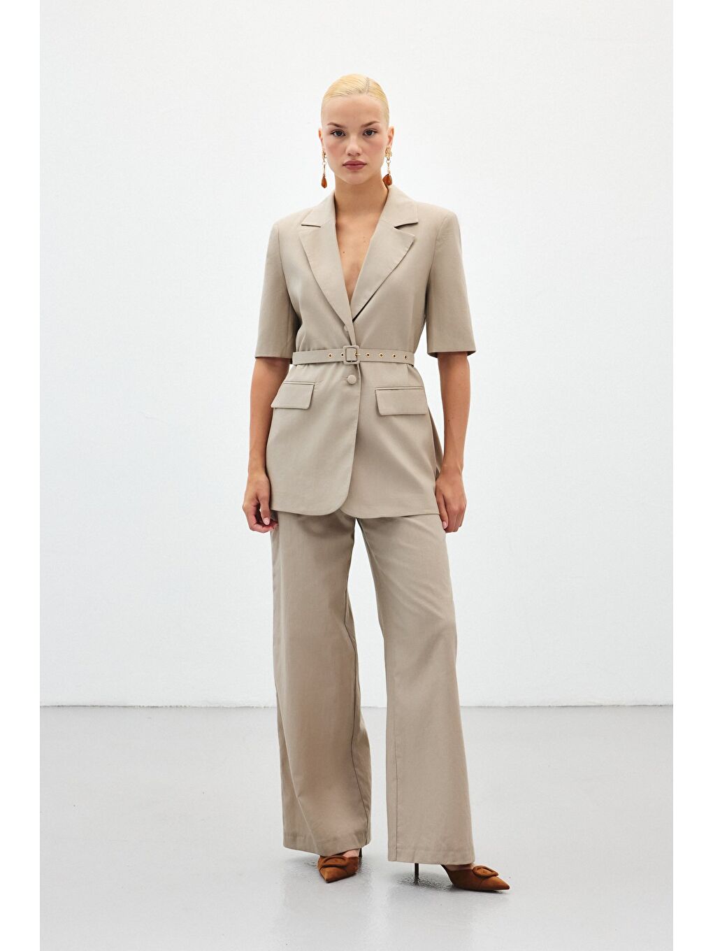 Bej Bol Paça Keten Pantolon - Vizon-5