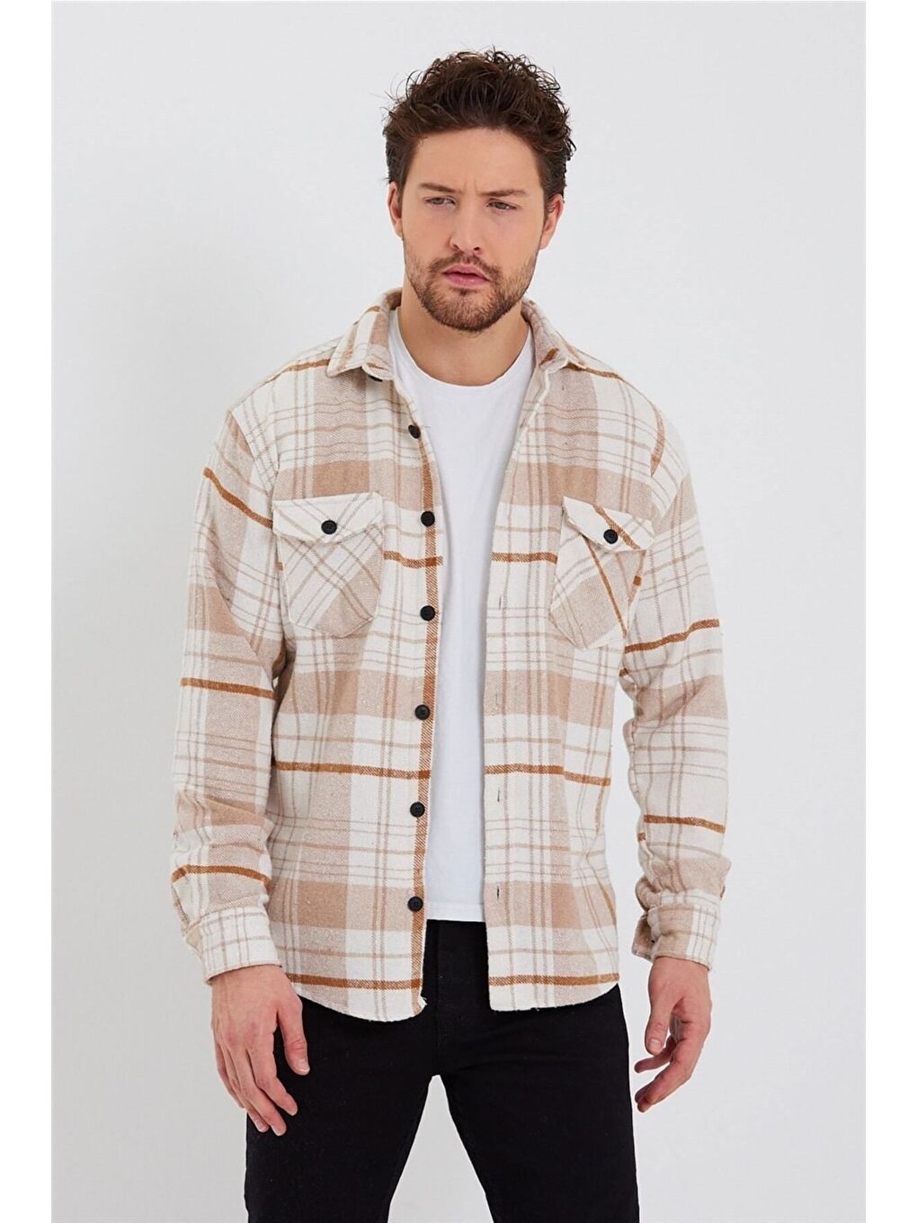 Tarz Cool Turuncu Erkek Kırık Beyaz turuncu Çift Cep Kapaklı Slim Fit Oduncu Gömlek