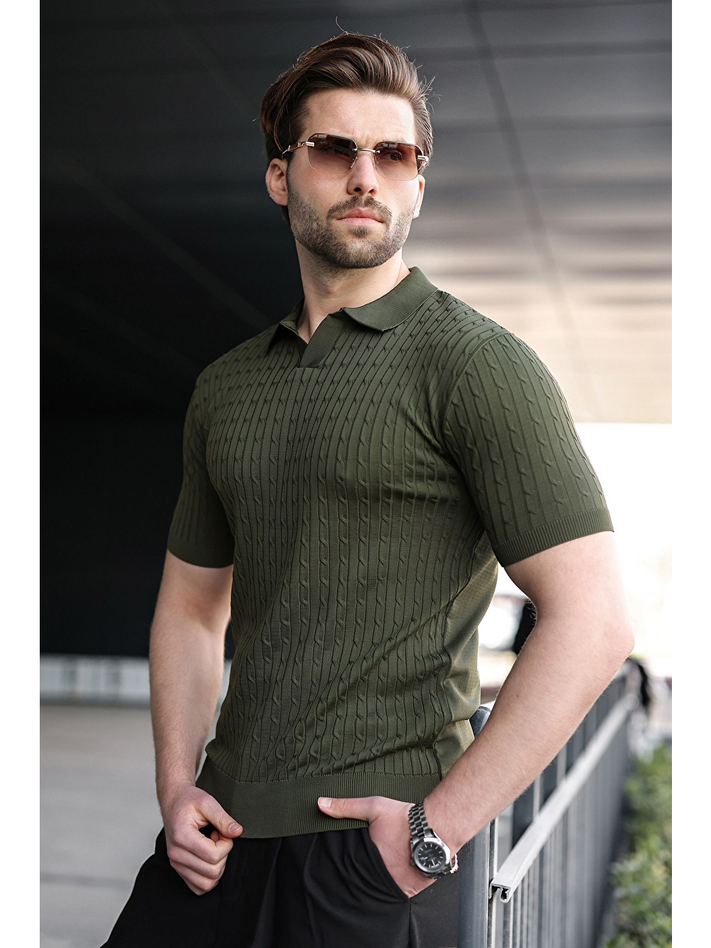 Haki Slim Fit Polo Yaka Triko Erkek Tişört E7472-1