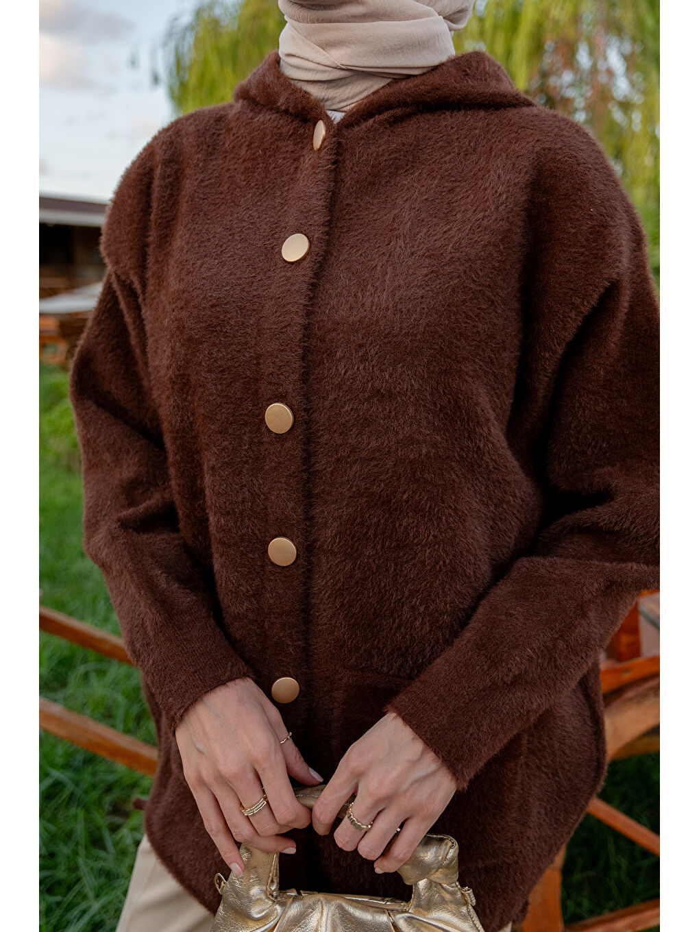 Kadın Kapüşonlu Triko Ceket Kahverengi-4